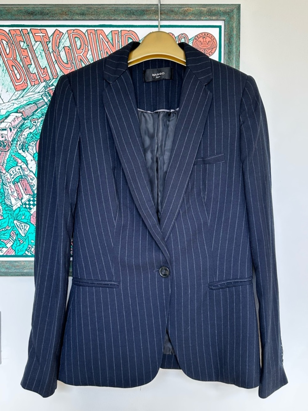 Mango Navy Pinstripe Single-Button Office Tailored Fit Blazer Women’s Size XS 34